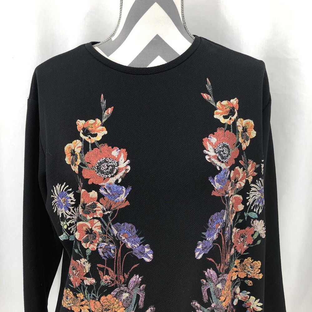 ZARA Glitter Floral Black Raw Cut Hem Sweater Shirt Medium